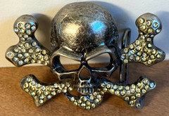 FREE SHP Skull & Crossbones Skeleton Belt Buckle Silver Metal Rhinestone Biker