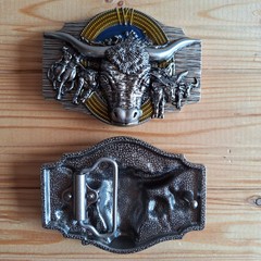 Long horns bull head rodeo western belt buckle (choice colors)