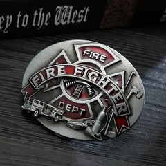 Fire Fighter • Fireman • Fire Department Men&rsquo;s Western Belt Buckle • Red Enamel