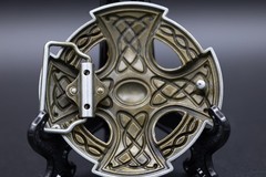 Vintage Style Celtic Cross Belt Buckle Intricate Knotwork Oval Center Cabochon