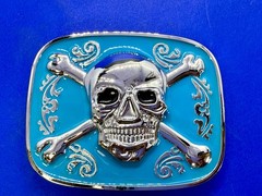 Jolly Roger Pirate Skull Head & Crossbones Blue Enamel Colored New Belt Buckle