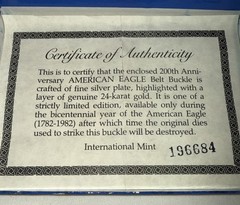 200th Anniversary American Eagle Fine Silver/Gold Belt Buckle