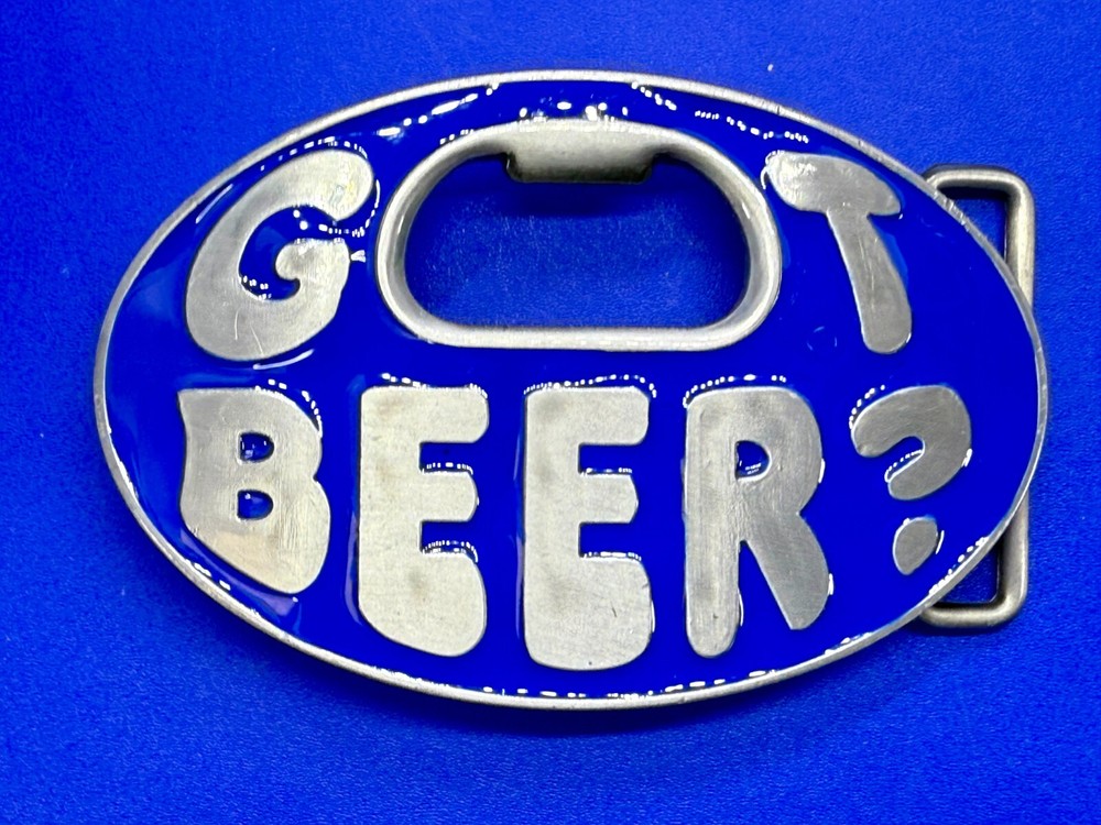Got Beer Novelty Blue Enameled Funny Bar Pick Up Belt Buckle With Bottle Opener