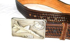 VTG AT-38B Fighter Jet Belt Buckle On Size 38 Brown Woven Leather Belt USAF