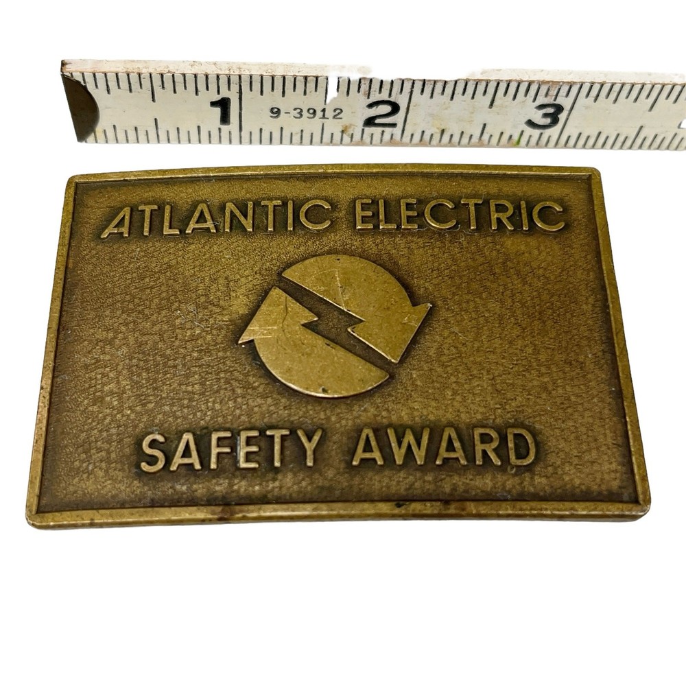 Vintage Atlantic Electric Safety Award Brass Belt Buckle 3&Prime; x 2&Prime;