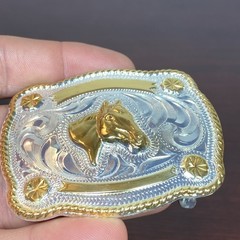 JUSTIN Silver Mexico Horse Head 2-5/8”x2-1/8” Belt Buckle SHINY GOLD SILVER Tone