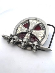 1995 Tanside Ltd Silver Tone Enamel Skull Dagger Maltese Cross Biker Belt Buckle