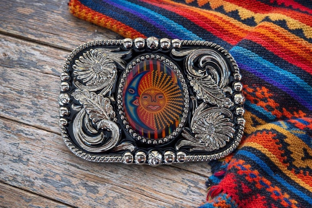 Moon Sun Belt Buckle Huichol Mexican Art Style Fits 1.5 Inch Belt Strap