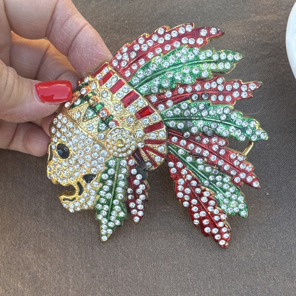 Indian Chief Head Skull Belt Buckle Western Cowboy Shiny multicolored rhinesto