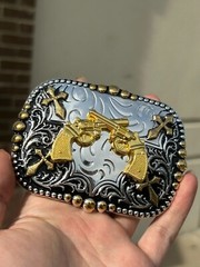 Western Buckle Gold Black Silver Guns 2nd Amend Cowboy 2 »Buckle Hebilla Vaquero