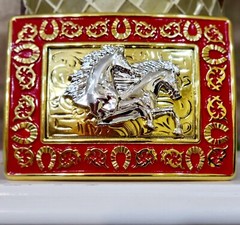 Running Horses Western Buckle Sturdy Thick Square Gold and Red Zinc Alloy