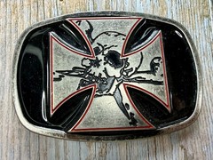 Maltese Iron Cross with Skull Cutout Black Enamel Gothic Punk Vibe Belt Buckle