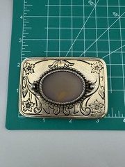 Engraved Brass Belt Buckle Agate Cabochon Floral Western Scroll Vintage Heavy