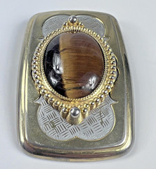 Vintage Western Belt Buckle Gold Silver Tone Tiger&rsquo;s Eye Oval Cowboy Accessory