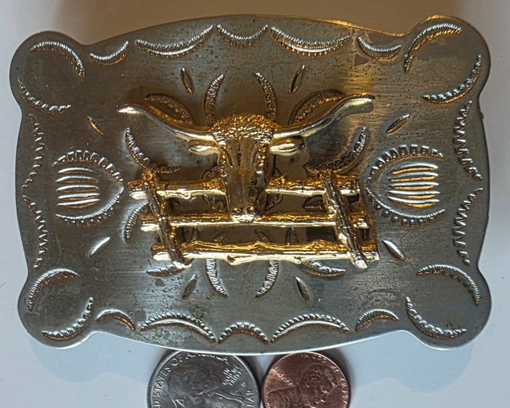 Vintage Metal Belt Buckle, Nice Nickel Silver and Brass, Longhorn Bull, Cow, Rod