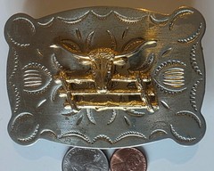 Vintage Metal Belt Buckle, Nice Nickel Silver and Brass, Longhorn Bull, Cow, Rod