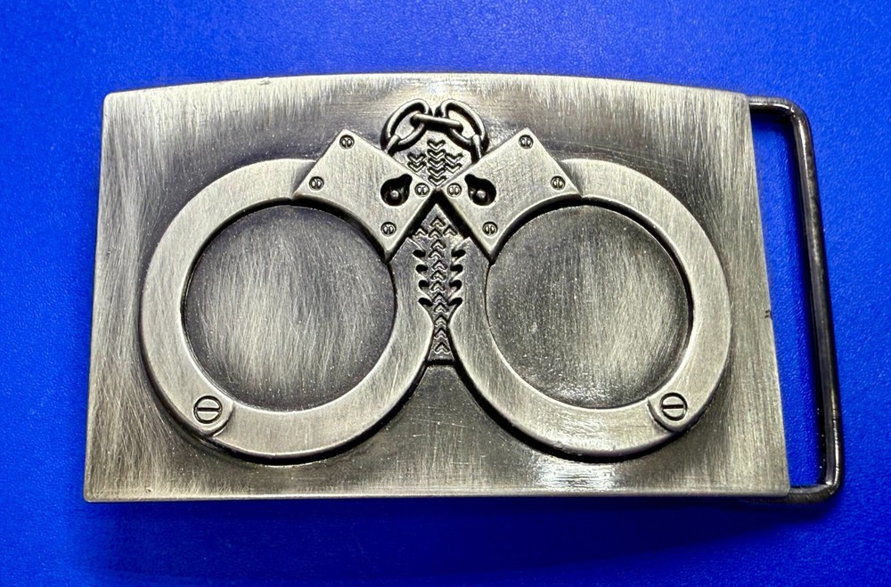 Hand Cuffs Raised Handcuffs on Silver Color Rectangular Belt Buckle