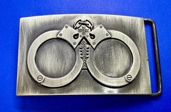 Hand Cuffs Raised Handcuffs on Silver Color Rectangular Belt Buckle