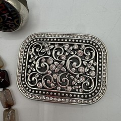 Shiny Metal Fashion Belt Buckle Business Card Holder & Agate Necklace.