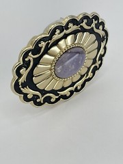 Belt Buckle Lavender Jade Cabochon oval gold tone black enamel background