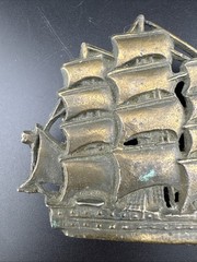 Vintage Brass Bronze Tone Metal Galleon Ship Clipper Nautical Belt Buckle Large