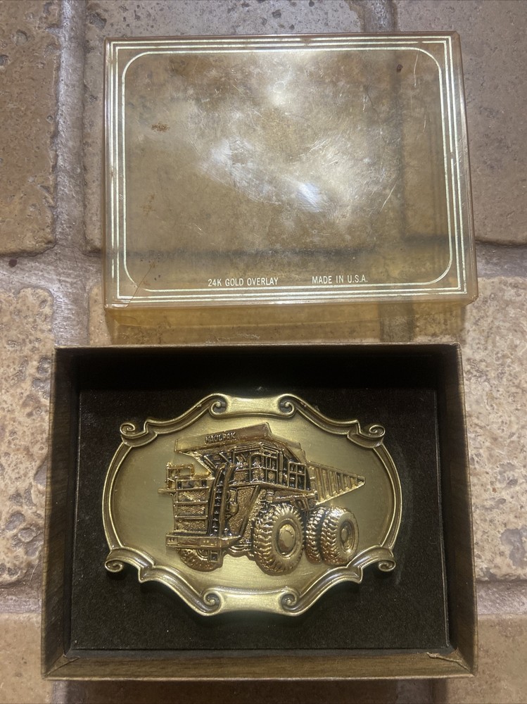 Vintage Raintree Haul Pak Belt Buckle Brass 1978 Construction Truck 24k Overlay