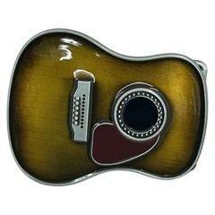 Mens Guitar Shaped Belt Buckle Brown Enamel Music