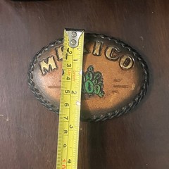 Vintage Tooled & Painted Mexico Souvenir Leather Belt Buckle Cactus Aluminum 70s
