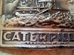 Neat Vintage Metal Caterpillar Tractors Belt Buckle w Farmer in Field 2×3&Prime; USA