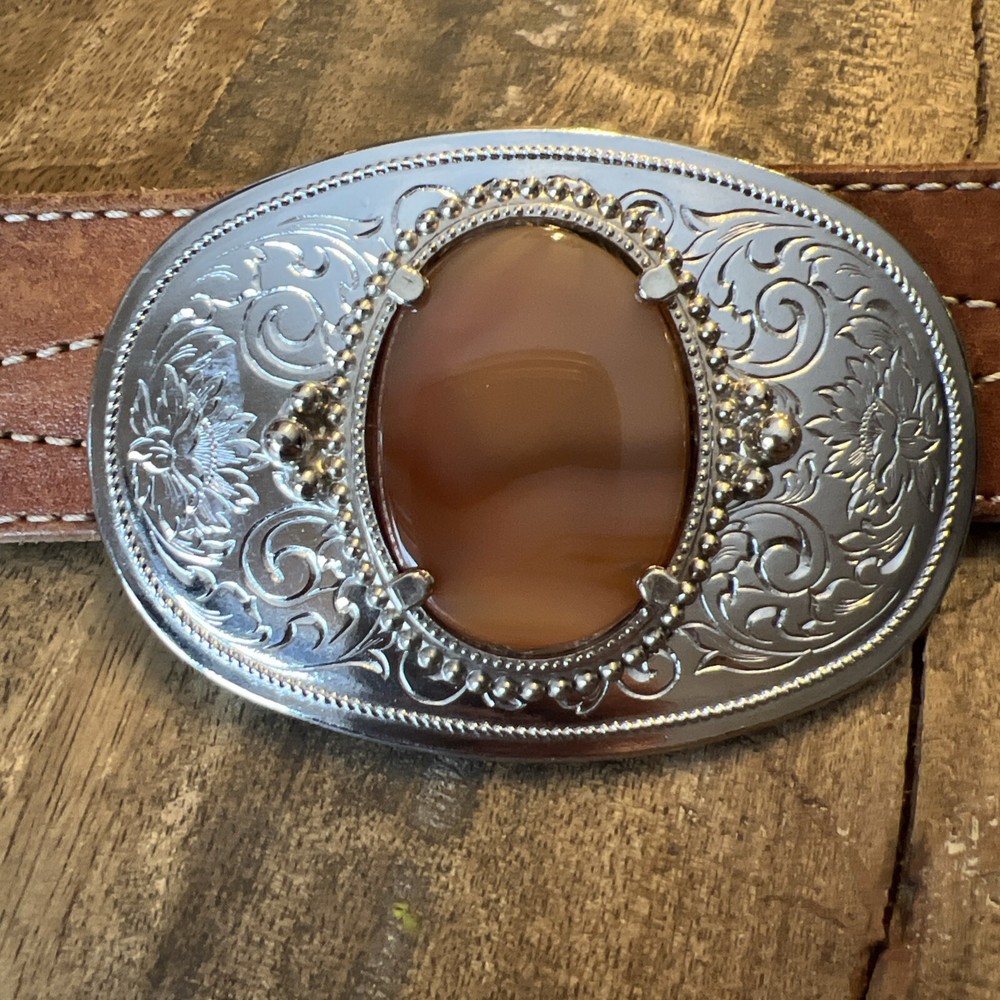 Beautiful Vintage Belt Buckle Silvertone w Polished Stone 3.50&Prime; x 2.3/8&Prime;