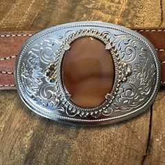 Beautiful Vintage Belt Buckle Silvertone w Polished Stone 3.50&Prime; x 2.3/8&Prime;