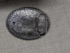 vintage JUSTIN belt buckle WESTERN engraved metal COWBOY rodeo