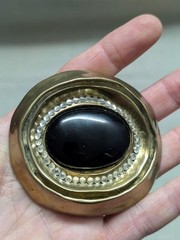vintage HANDCRAFTED belt buckle ONYX gemstone SIGNED bronze brass BRUTALIST glam