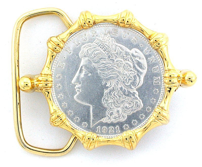 Gold Color REAL 1921 Morgan Silver Dollar Belt Buckle EPBB155