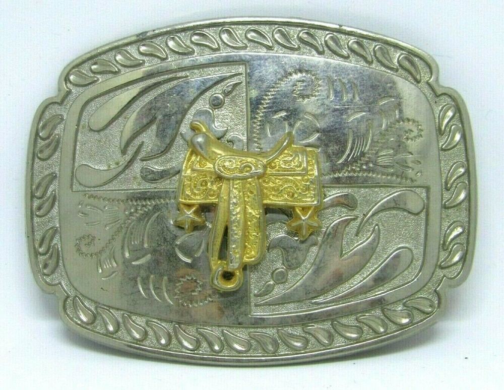 Western Rodeo Themed Cowboy Belt Buckle with Applied Horse Saddle