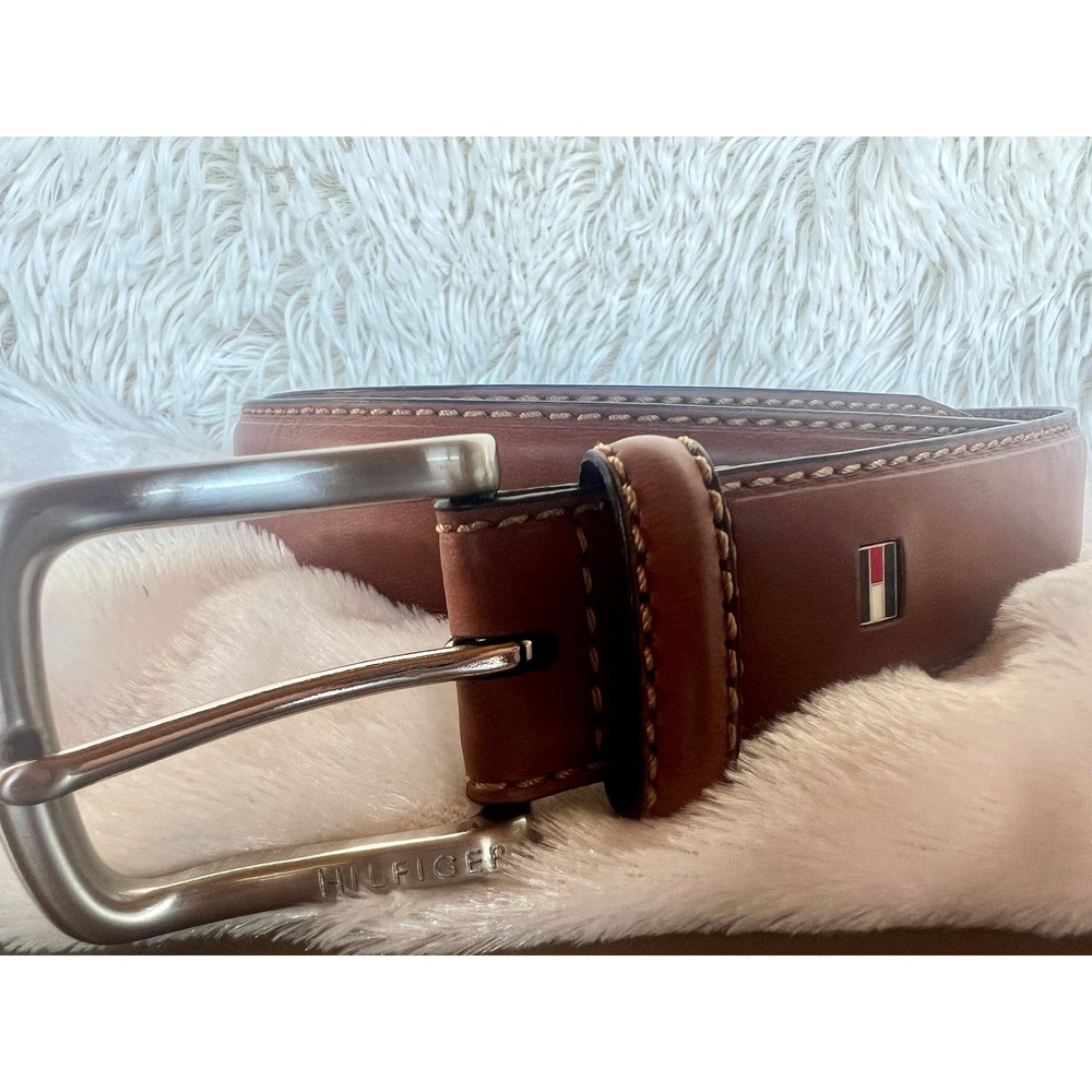 Tommy Hilfiger Brown Leather Belt Silver Buckle Stitched Casual Dress Size 40