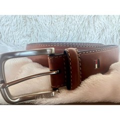 Tommy Hilfiger Brown Leather Belt Silver Buckle Stitched Casual Dress Size 40