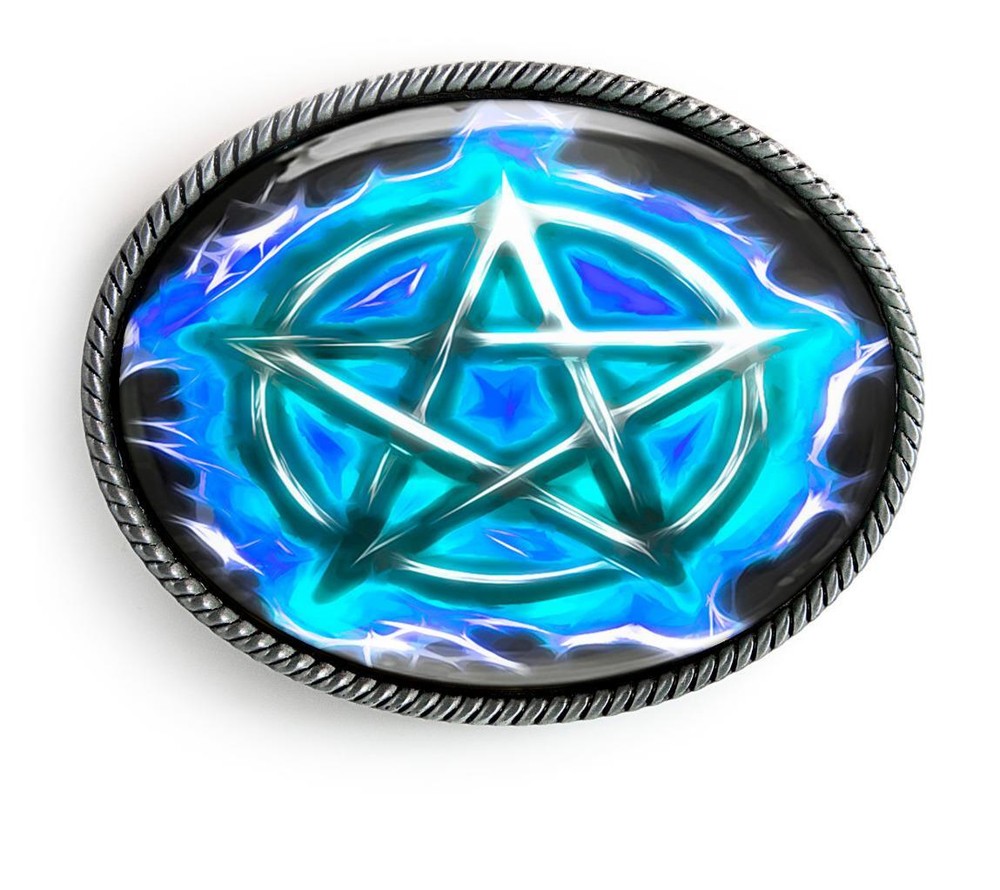 Ice Blue Pentagram Belt Buckle – Gothic Flames Men Women Handmade Belt Buckle