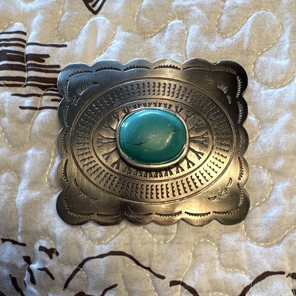 Silver Tone Engraved Belt Buckle w/ Turquoise Stone 1.5in, Non-Authentic western