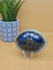 ALASKAN HOWLING WOLF MOONLIGHT BRASS & SILVER BELT BUCKLE BLUE PEARL RESIN INLAY