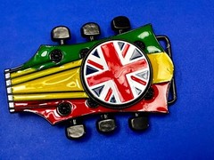 Electric Guitar Tuning Keys Shaped Belt Buckle W/ Uk Flag Union Jack Spinner