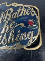 Vintage 1985 I’d Rather Be Fishing Belt Buckle USA Brass Enamel 3”