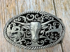 Longhorn Head Steer Cow Bull Two Tone Western Rodeo Style Belt Buckle