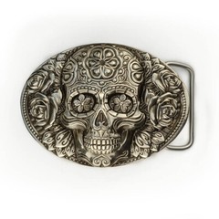 Santa Muerte german silver belt buckle, Skull El Día de Muertos belt buckle