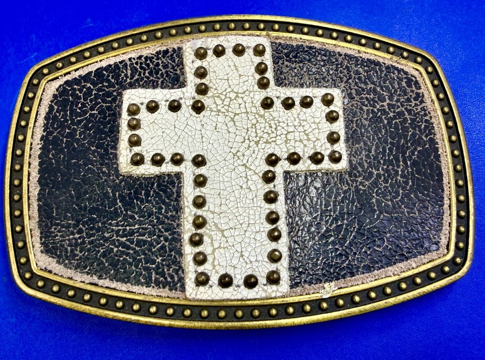 Metallic Theme Religious Cross Studded Design on White Faux Leather Belt Buckle