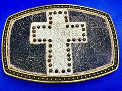 Metallic Theme Religious Cross Studded Design on White Faux Leather Belt Buckle
