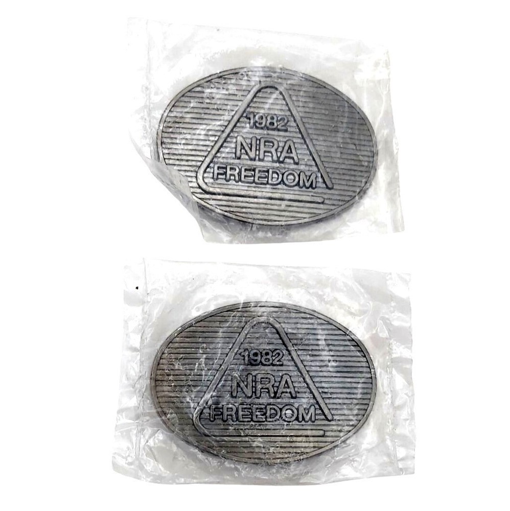 NRA Freedom Pewter Oval Belt Buckles Set Of 2 Collectible NOS Vintage 1982