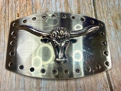 Texas Longhorn Cow Bull Head Steer Hole Border Silver Color Western Belt Buckle