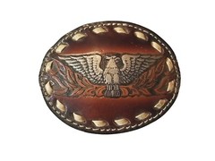 EAGLE Belt BUCKLE w/ WHITE BUCKSTITCHING Lg HANDMADE Brown LEATHER Western/Biker