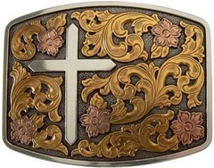 Nocona M&F Western Belt Buckle Rectangle Floral Cross 37945